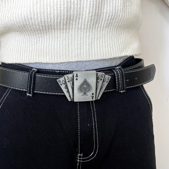 Y2k 2000s vintage chrome deck of cards black vegan leather belt - Picture 5 of 8